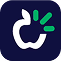 Logo featuring a stylized white apple with a leaf, surrounded by three small colored shapes in green, blue, and teal on a dark blue background.