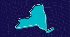 Map outline of the state of New York in blue with a yellow border on a dark blue background with grid lines.