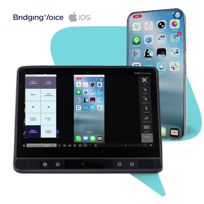 Alt text: A Tobii Dynavox device displaying a mirrored Amazon shopping screen that is also shown on a smartphone behind it, illustrating screen sharing or voice bridging technology.